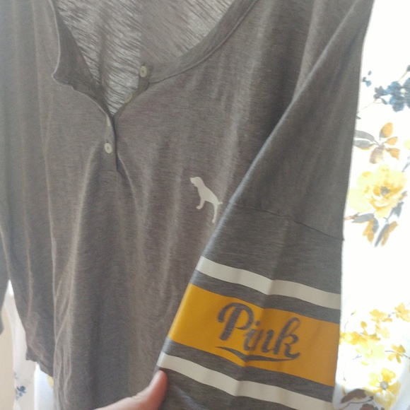 PINK Victoria's Secret • Grey Long Sleeve Stripe Yellow Henley Button Top XS - Picture 3 of 7